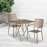 Flash Furniture CO-28SQF-02CHR2-GD-GG 28" Square Steel Folding Patio Table Set with 2 Square Back Chairs in Gold